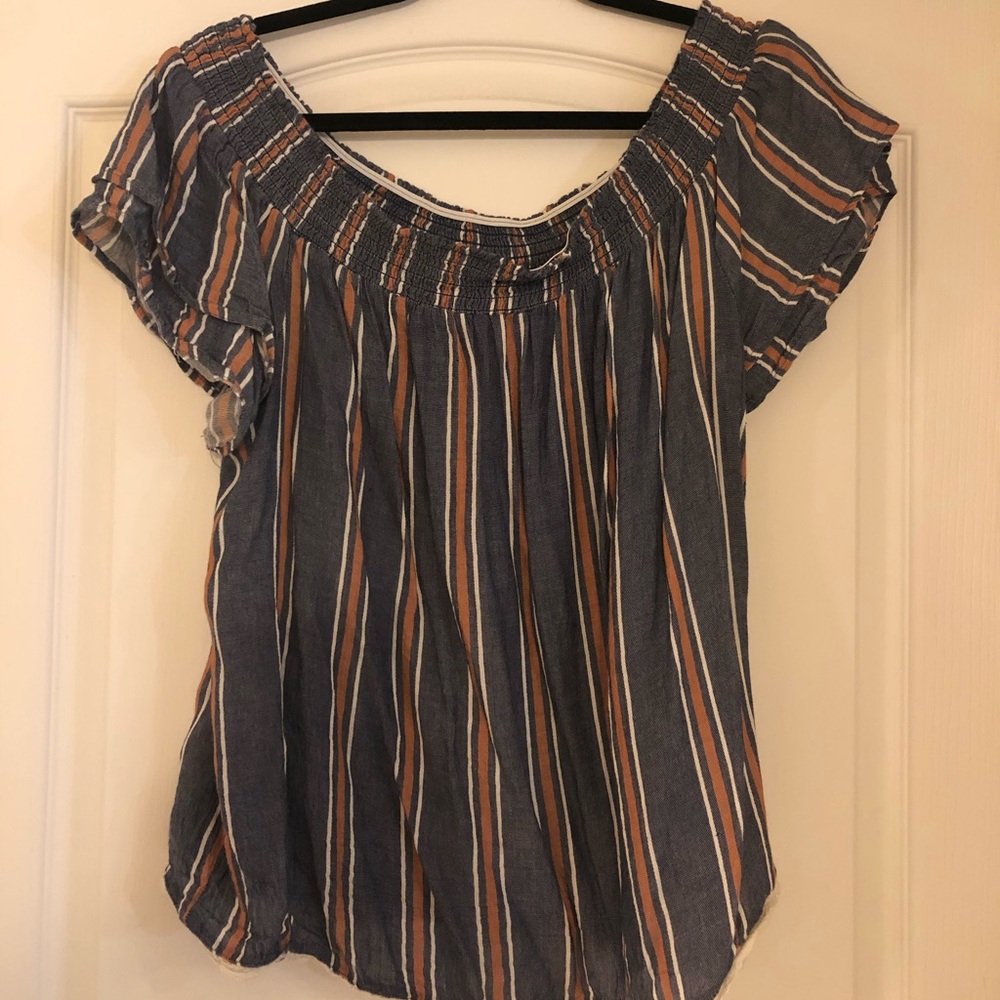 Off Shoulder or Short Leave Striped Blue Shirt